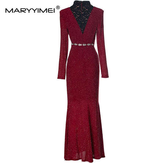 Amay Fashion design Women's Dress Stand collar Long Sleeves Pretty Slim-Fit Hip Wrap Lace Hollow Out Mermaid Evening Dress