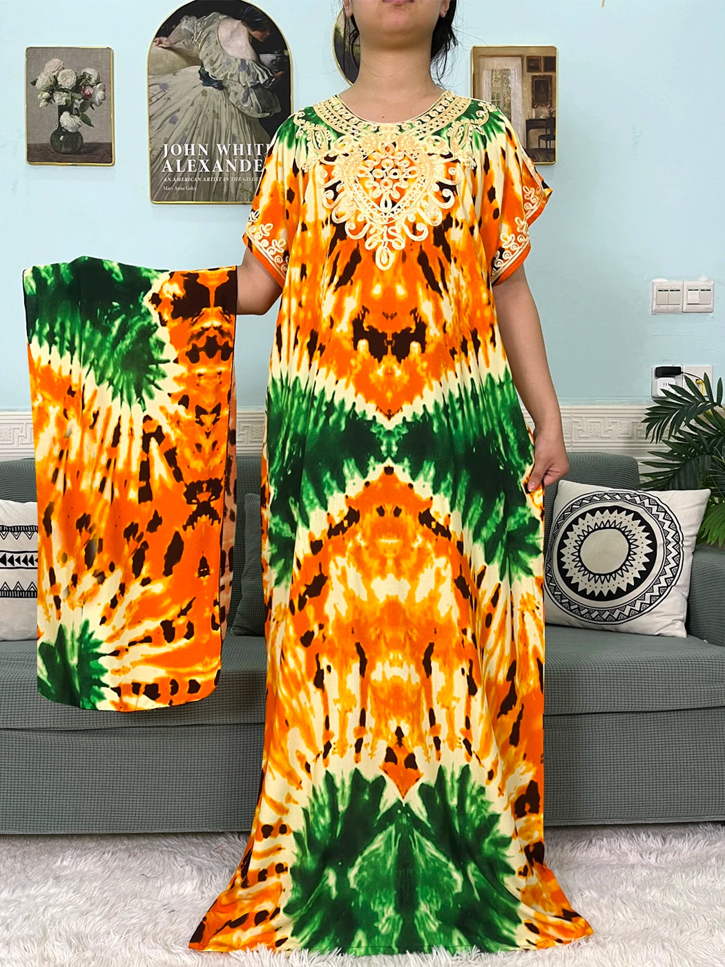 Maxy Muslim Cotton Abayas For Women Appliques Printed Caftan Marocaine Femme Robe Boubou African Islam Dresses With Headscarf