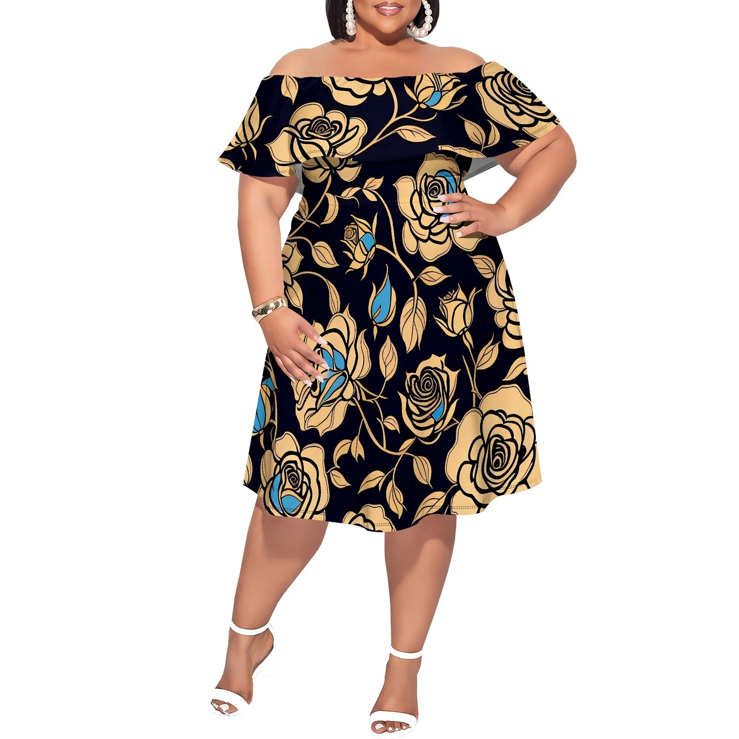 Maxy Plus Size Off Shoulder Short Sleeve Midi Dress Floral Rose Print Navy Blue Elegant Summer Party Casual Dress