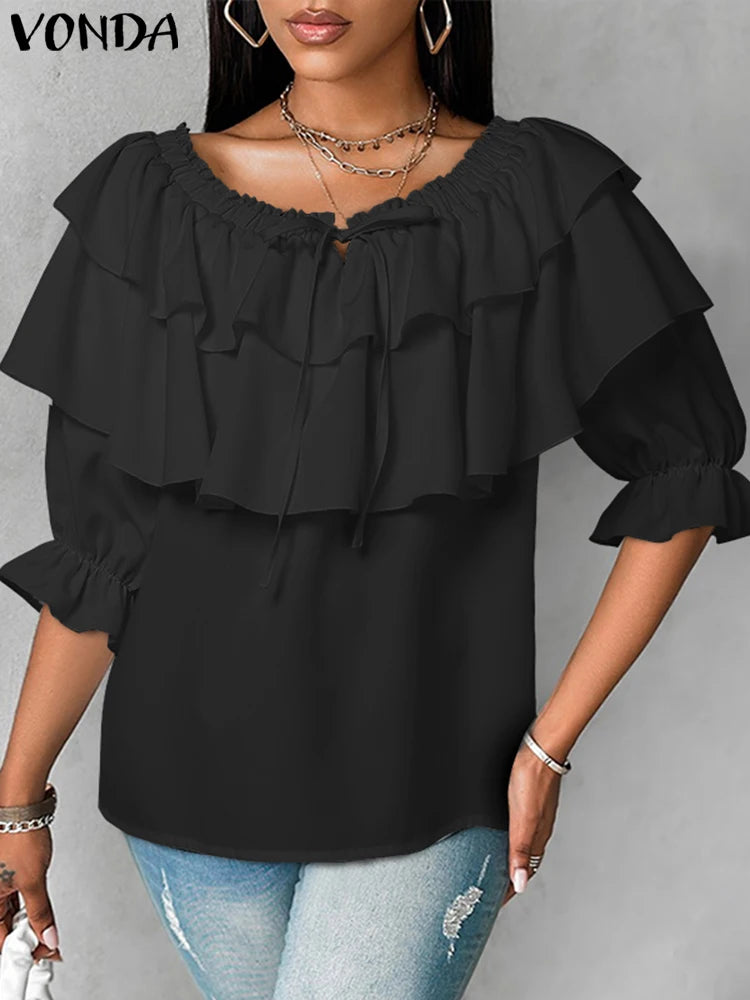 Maxy Plus Size 5XL Women Blouse Fashion Solid Color Off Shoulder Tunic Casual Multi-layer Ruffle Shirts Bohemian Tops