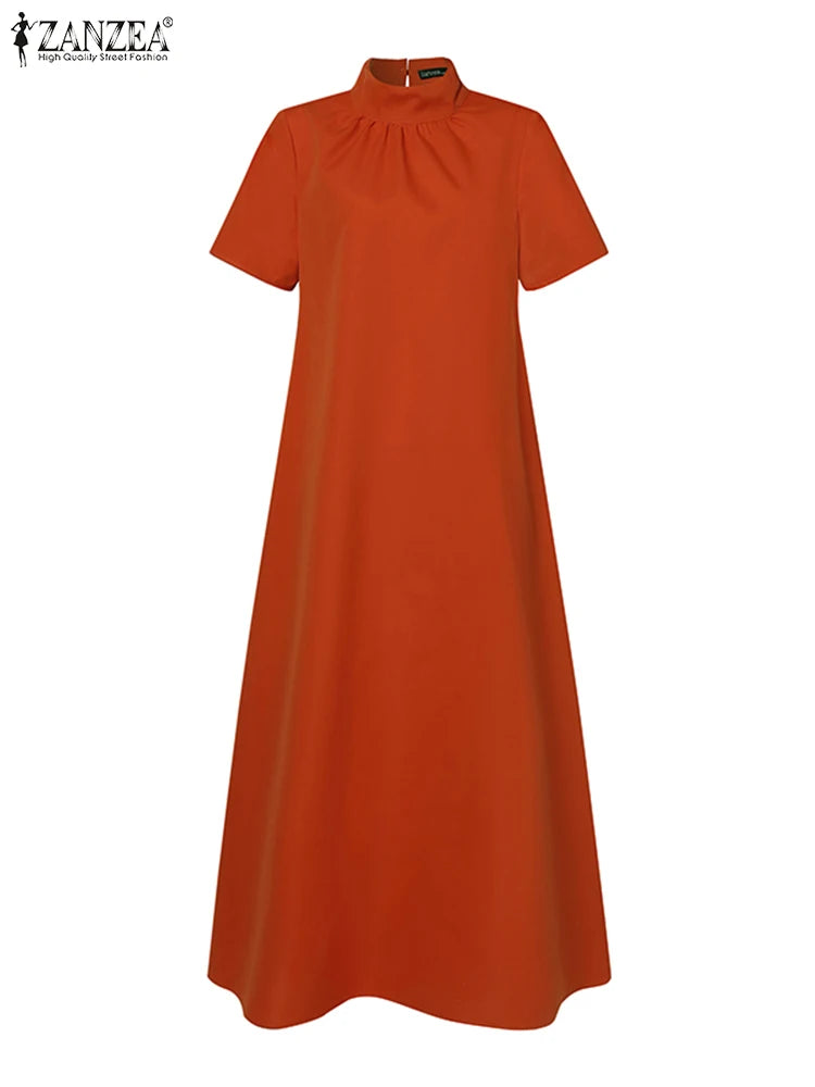 Maxy Summer High Collar Kleid Robes Casual Loose Party Long Dresses Women Short Sleeve Maxi Dress Elegant Solid dress