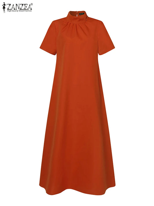 Maxy Summer High Collar Kleid Robes Casual Loose Party Long Dresses Women Short Sleeve Maxi Dress Elegant Solid dress