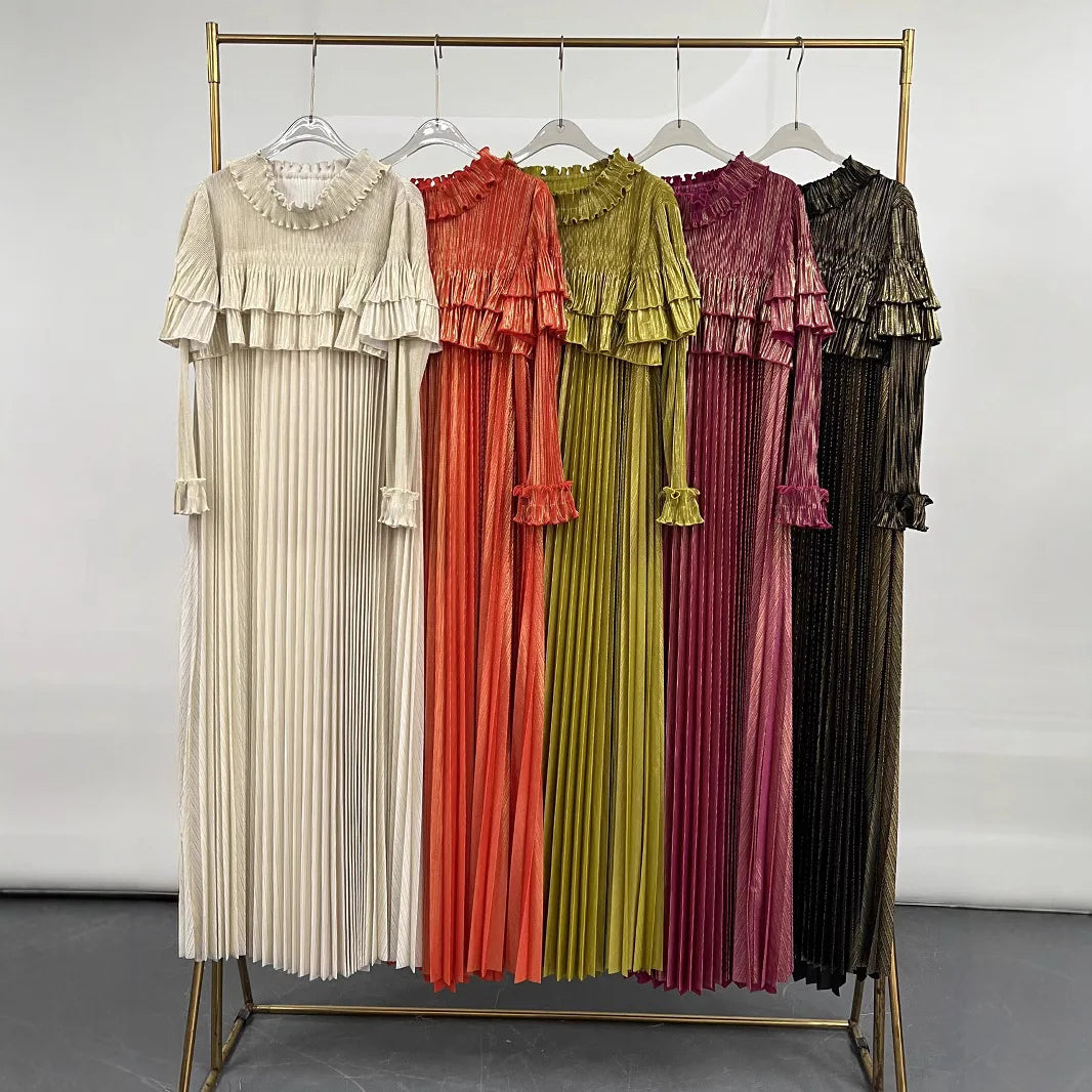 Maxy Fashion Plus Size Loose Gold Dress for Women Light Luxury Long Sleeve Lace-up Party Gown Casual Miyake Pleated Dress New