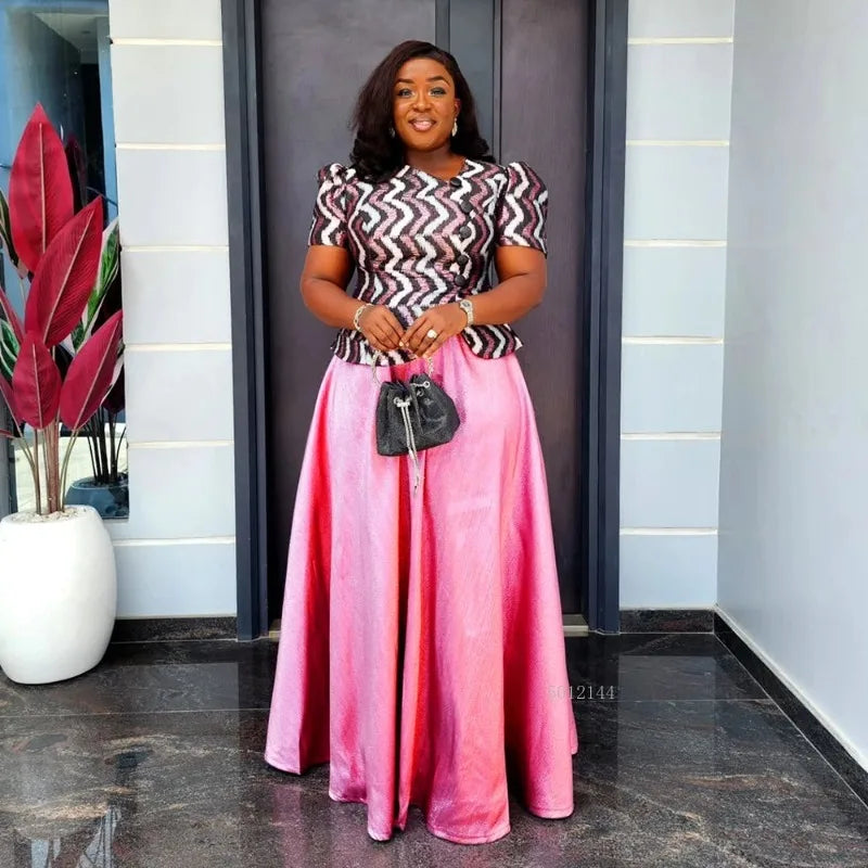 Maxy Women Plus Size 2PCS Clothes Party Maxy Robe Fashion Ankara Dashiki Top and Mini Skirt Dress African Work Wear