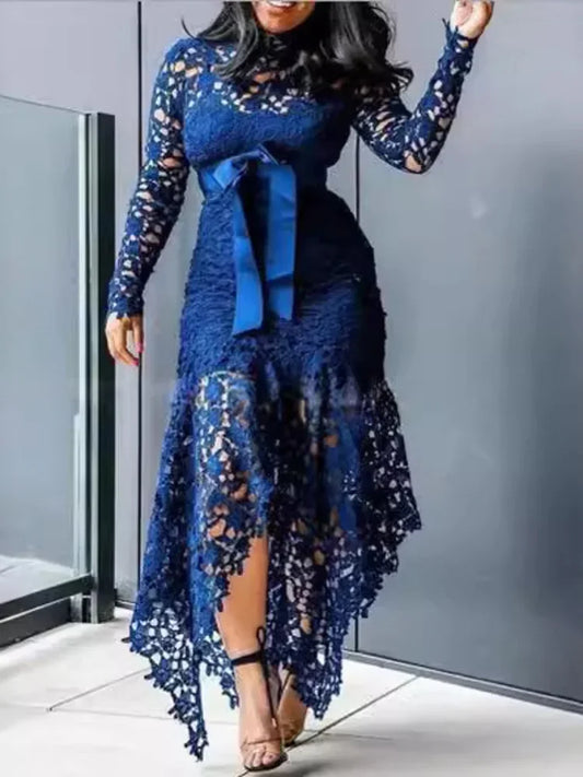 Amay Hollow Out Urban Dance Belly Latin Women Lace Irregular Dress Models Jazz Costume Long Sleeves Kpop Stage Stand Collar Vestidos