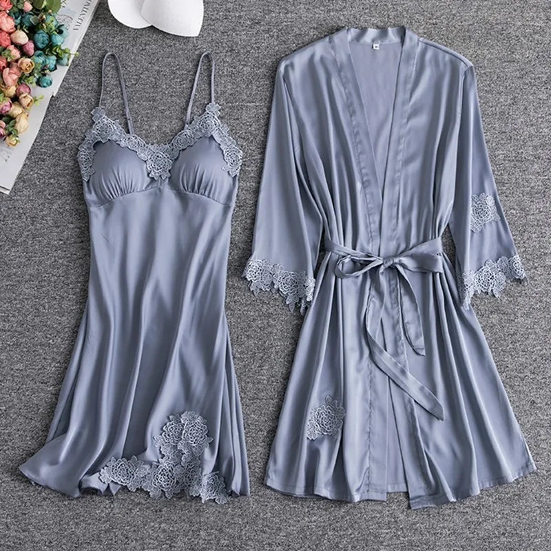 Maxy Lace Patchwork Kimono Bathrobe Set Female Sleepwear Twinset Robe Suit With Strap Nightgown Summer Perspective Nightwear Lingerie