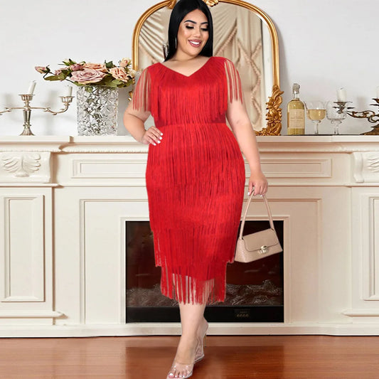 Maxy Plus Size Tassel Sleeveless Elegant Dress Female Luxury Dinner Prom Women Solid Fringed Robe Fashion Large Size Evening Dress