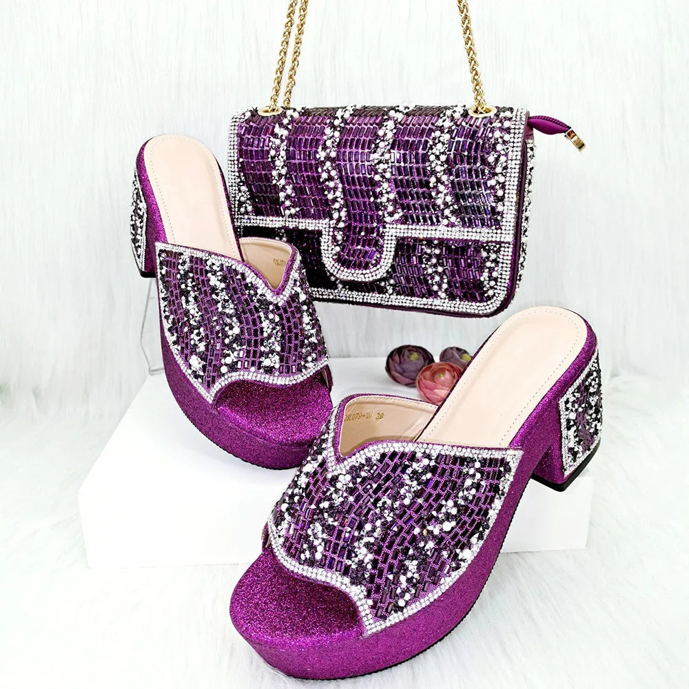 Maxy Design Summer Rhinestone Woman Shoes and Purse Set for Party African Elegant Pumps Slipper And Bag Matching Set