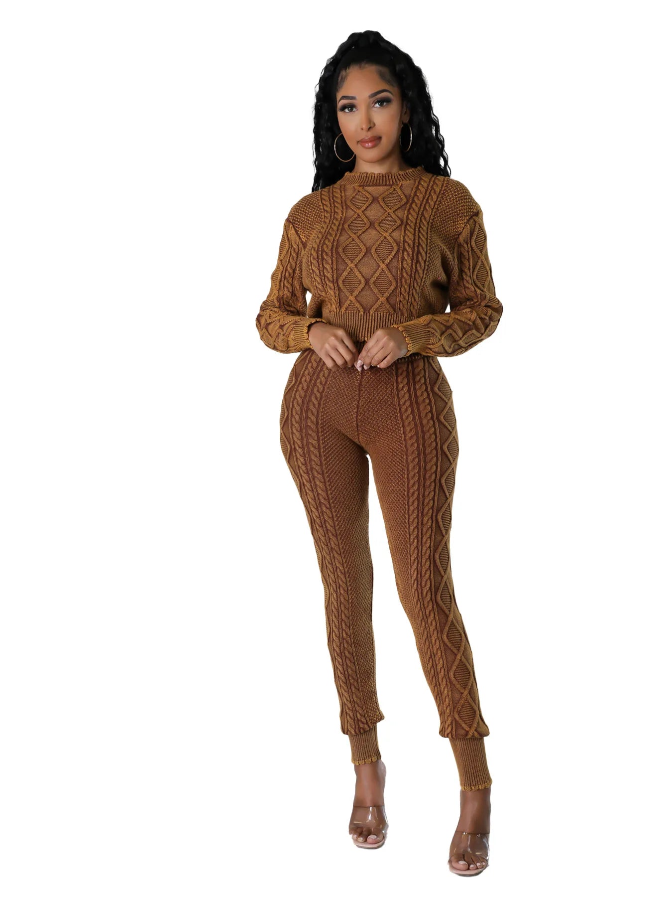 Women Tracksuit 2 Piece Outfits Winter Long Sleeve Stretch Knitted Crop Top And Pants Set Casual Two Piece Set Women Sweater Set