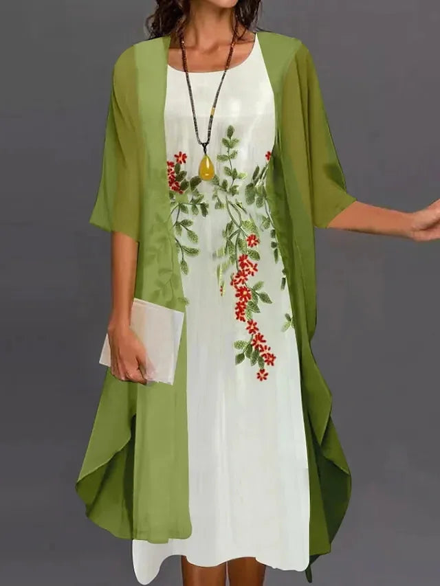 Maxy Summer Elegant Dress Two-piece Set Women Fashion Floral Print Dress For Women Casual Long Cardigan Coat Sun Protection Shirt
