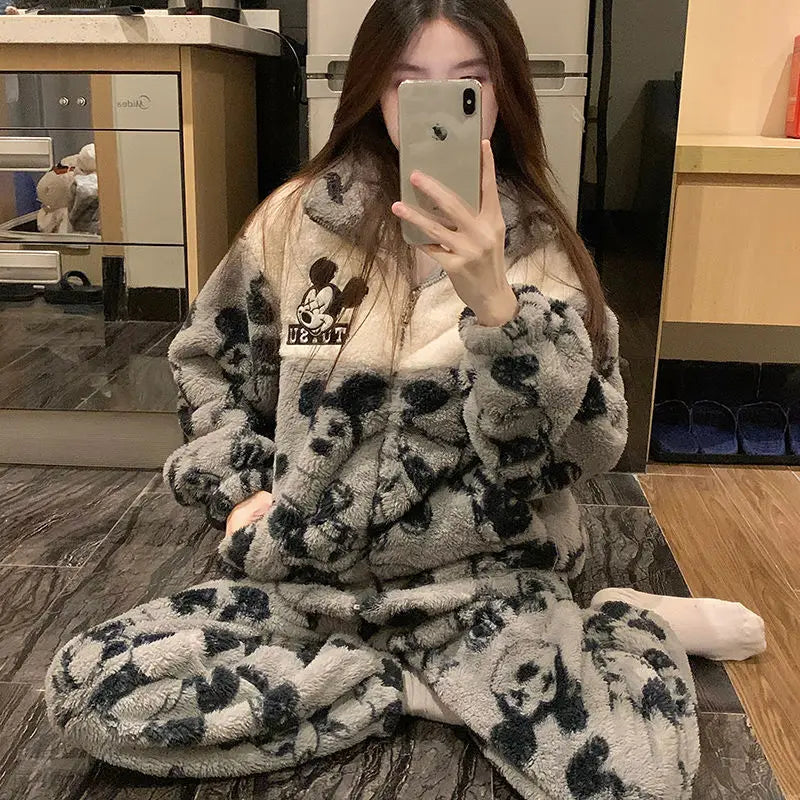 Maxy Disney Mickey Mouse Women's Autumn Winter Sleepwear Coral Fleece Thickened New Home Suit Set Korean Style Y2k Sweet Girl Pajamas