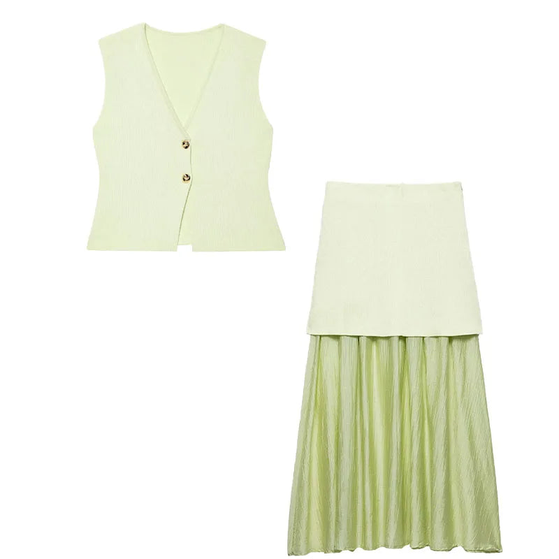 TRAFZA Women 2 Piece Set V-Neck Sleeveless Button Knitted Vest Top+Elegant Splicing High Waist Zipper Long Skirts Holiday Suits