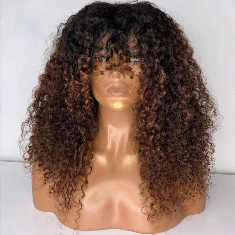 Amay Soft Ombre Honey Blonde 180 Density 26“ Long Kinky Curly Machine Wig With Bangs For Black Women Glueless High Temperature Daily