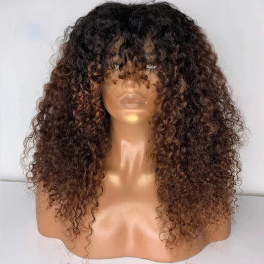 Amay Soft Ombre Honey Blonde 180 Density 26“ Long Kinky Curly Machine Wig With Bangs For Black Women Glueless High Temperature Daily