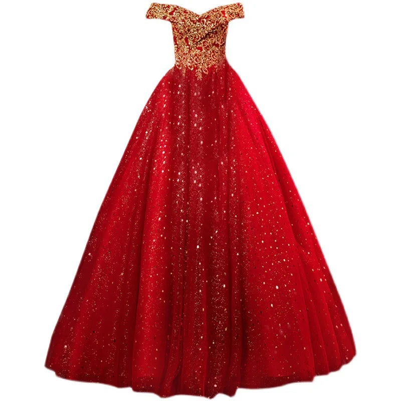 Maxy New Sparkling Gilded Red Glitter One Shoulder Bridal Wedding Toast Evening Dress Fashion Stage Performance Big Pendant Dress