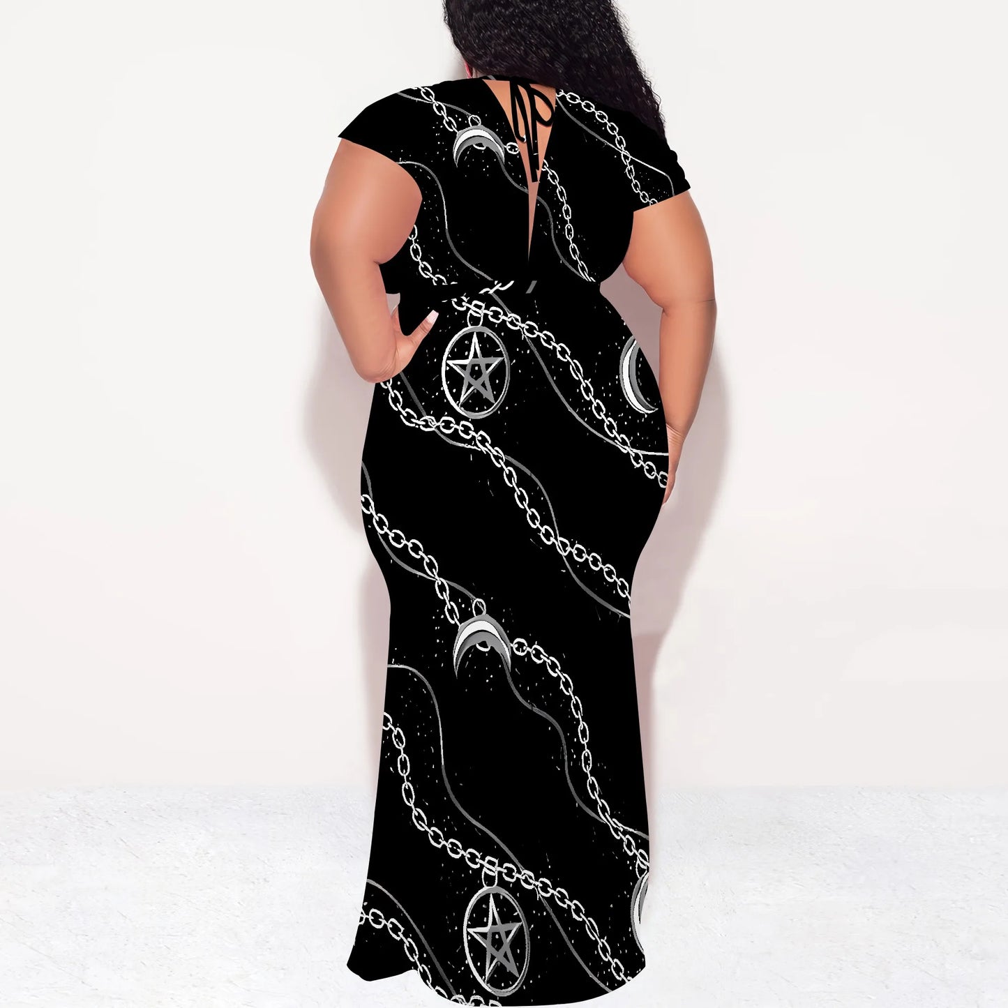 Maxy Plus Size Gothic Moon Chain Print V Neck Short Sleeve Maxy Dress for Halloween