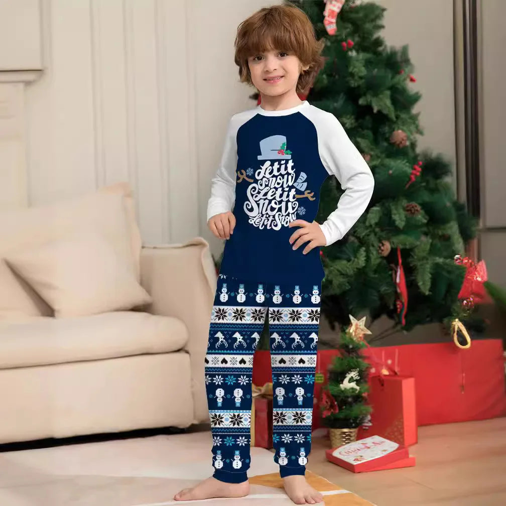 Maxy Blue Christmas cartoon letter printing family Christmas suit Family holiday home wear long sleeve pajamas pajama pants 2 sets