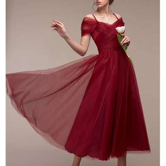 Maxy Women's Romantic Off Shoulder Ceremony Dresses Elegant Long Party Wedding Cocktail Bridesmaid Mesh Tulle Midi Wrap Gala Dress