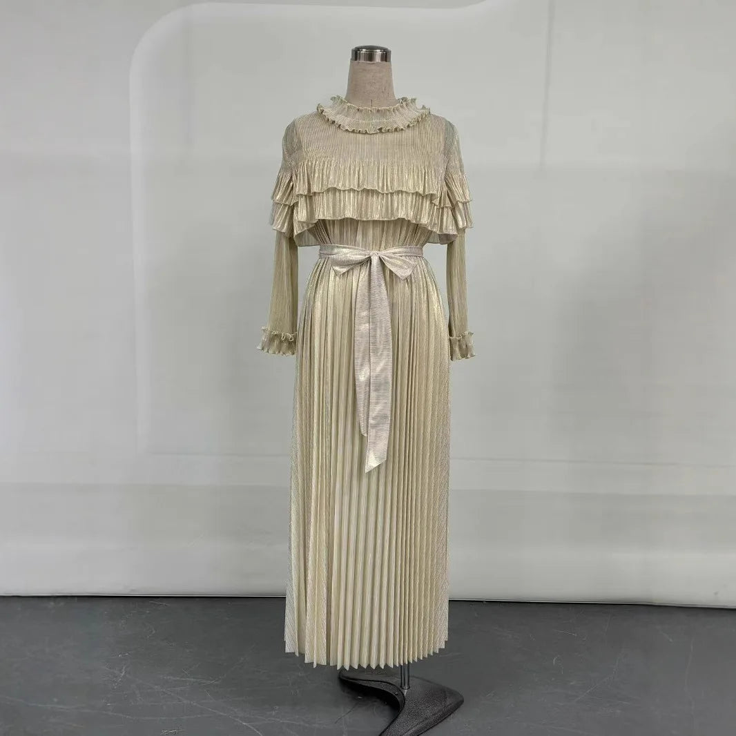 Maxy Fashion Plus Size Loose Gold Dress for Women Light Luxury Long Sleeve Lace-up Party Gown Casual Miyake Pleated Dress New
