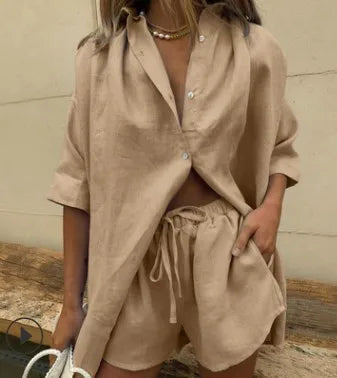 Maxy European and American Summer New Women's Solid Color Single breasted Short sleeved Shirt Two piece Set of Wide Leg Pants