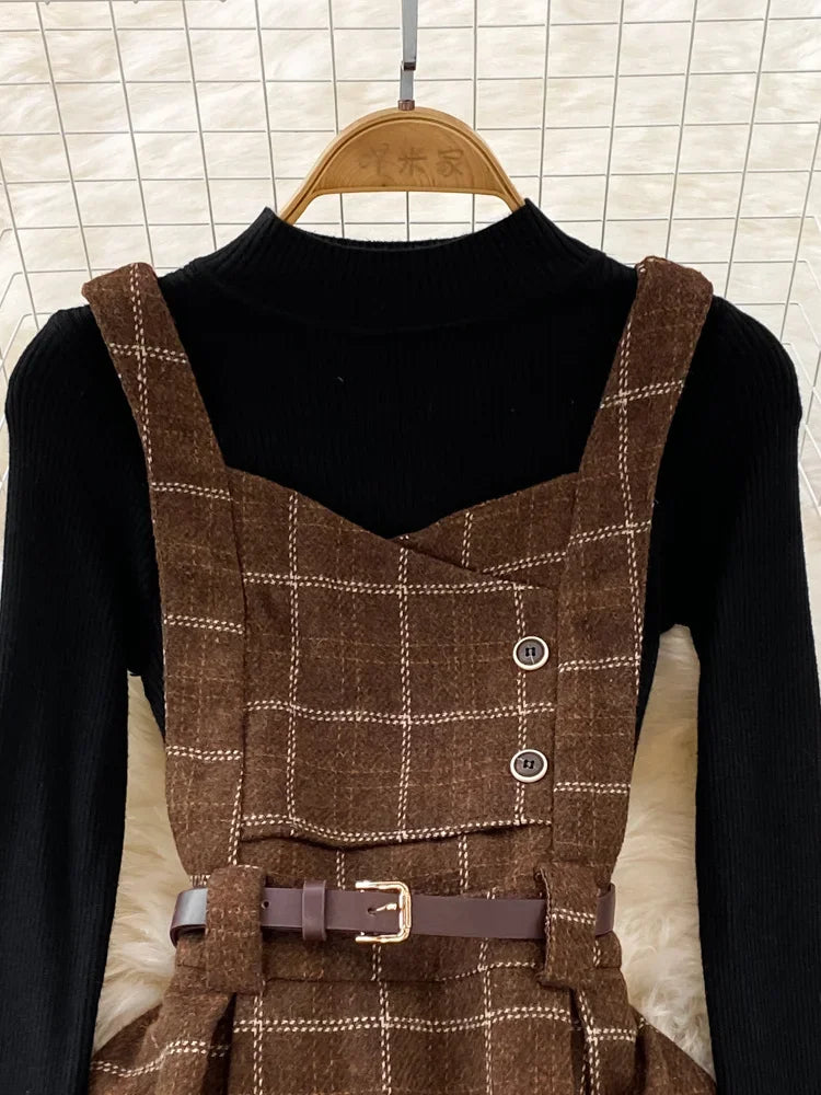Maxy High Quality Fall Winter Women Sweater Overalls Dress Sets Casual Knitted Tops +Plaid Woolen Dress 2 Piece Sets Outfits Female