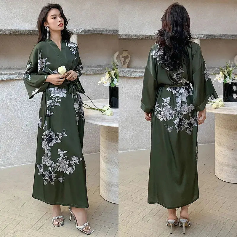 Maxy Japanese Style Half Sleeve Kimono Bathrobe Gown Female Long Robe Nightgown Sleepwear Loose Satin Print Flower Home Dressing Gown