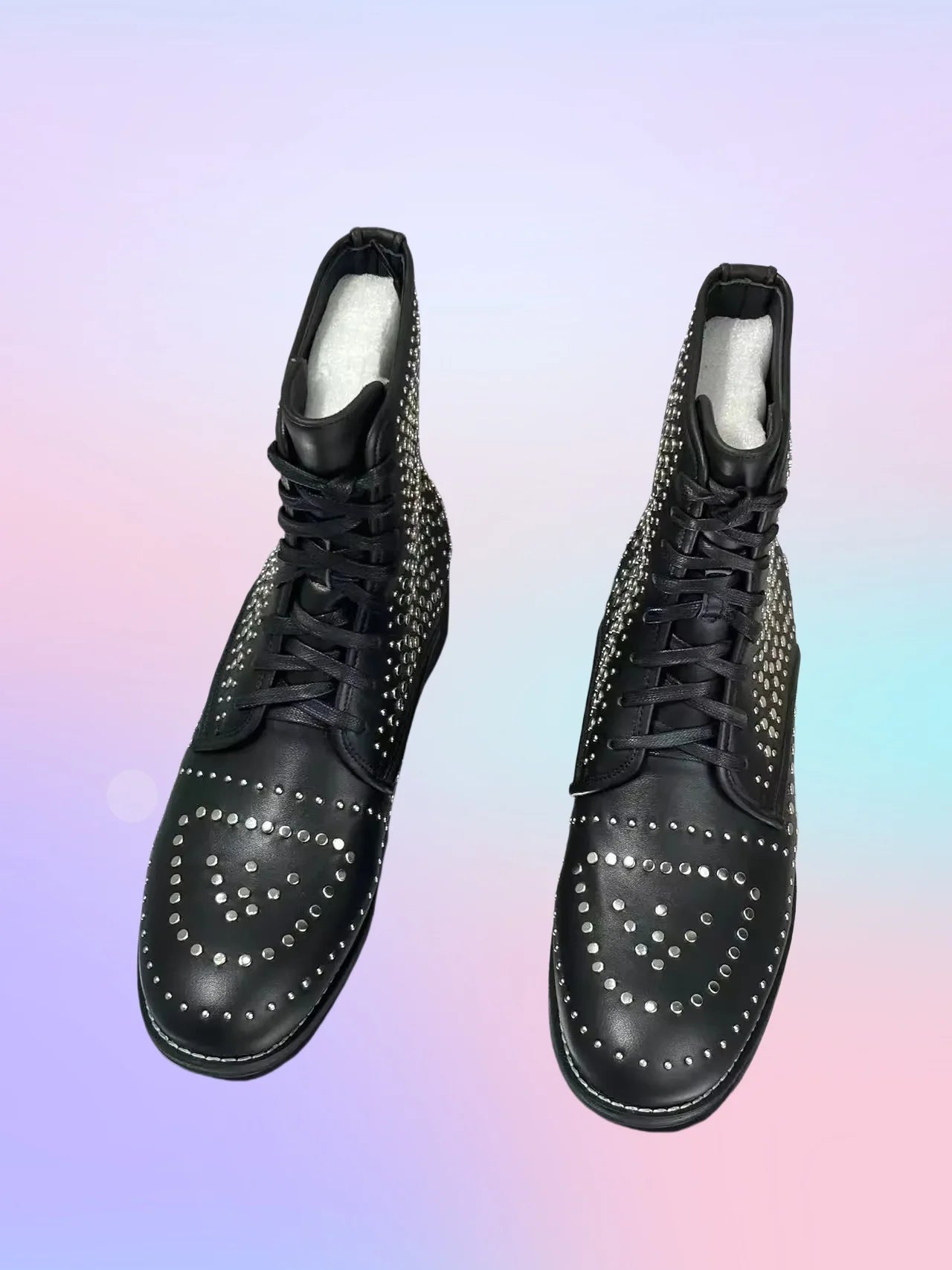 Visco New Black Men's Calf Boots Round Toe Lace-Up Low Heel Rhinestones Inset Punk Style Street Short Botas Large Size Men Shoes