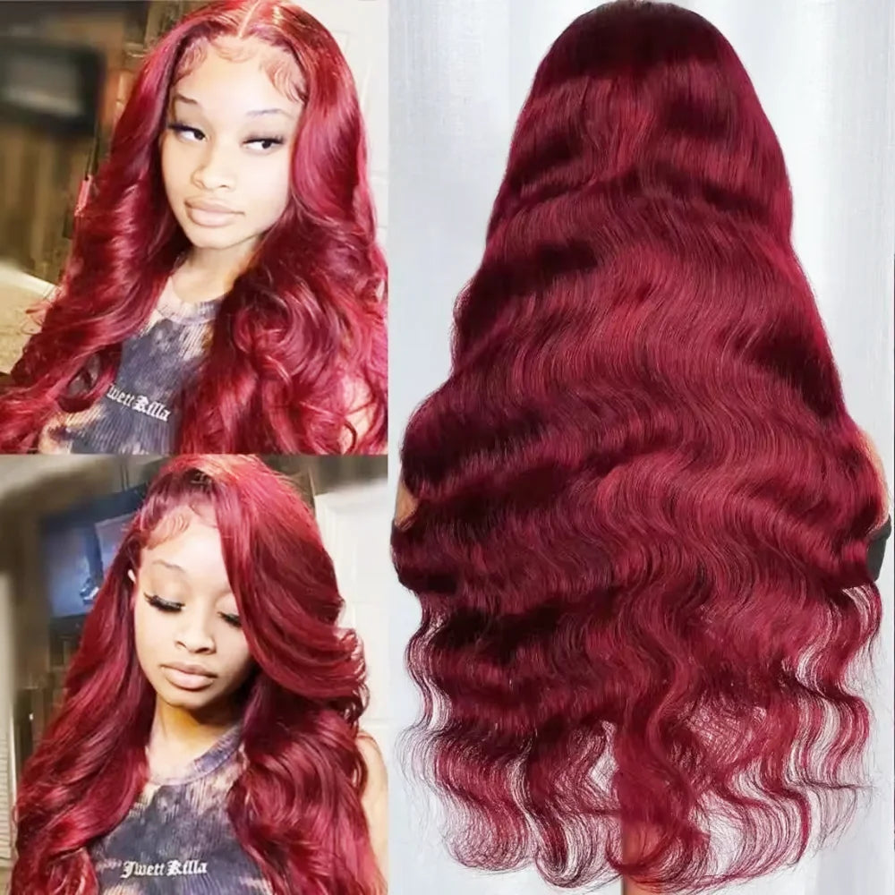 99j Burgundy 46 Inch Body Wave Human Hair Wig 13x6 HD Lace Frontal 220 Density Pre Plucked Human Hair Adjustable Breathable Wig