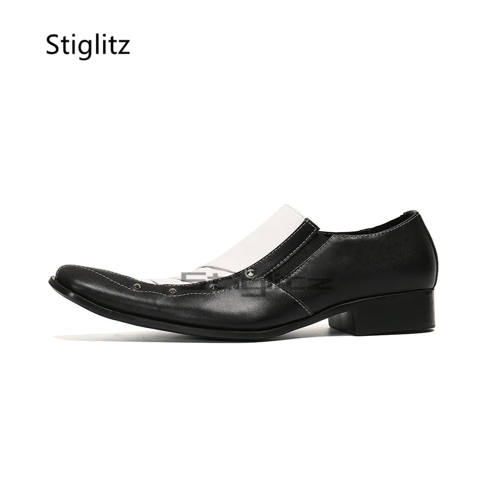 Visco Black White Men Dress Leather Shoes Small Square Toe Rhinestone Mixed Colors Prints Genuine Leather Party Banquet Business Shoes