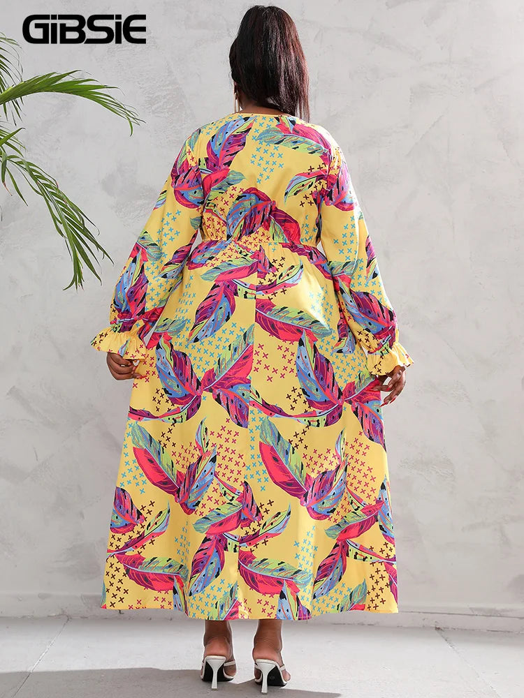 Maxy Plus Size Deep V Neck Boho Print Maxy Dress Women Spring Fall Casual Vacation Beach Elastic Waist Swing Dresses