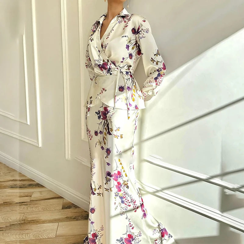 Maxy Ladies V-neck Long Sleeved Top and Skirt Two Piece Sets Spring Fashion Floral Print Slim Fit Suit Elegant Lace Up Party Outfits