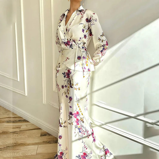 Maxy Ladies V-neck Long Sleeved Top and Skirt Two Piece Sets Spring Fashion Floral Print Slim Fit Suit Elegant Lace Up Party Outfits