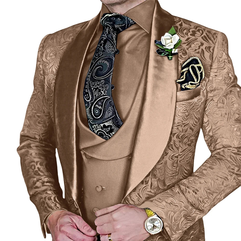 Amay Fashionable Paisley Men's 3-piece Suit Set, Jacquard One Button Blazer, Vest Pants Formal Wedding Party Suits for Men