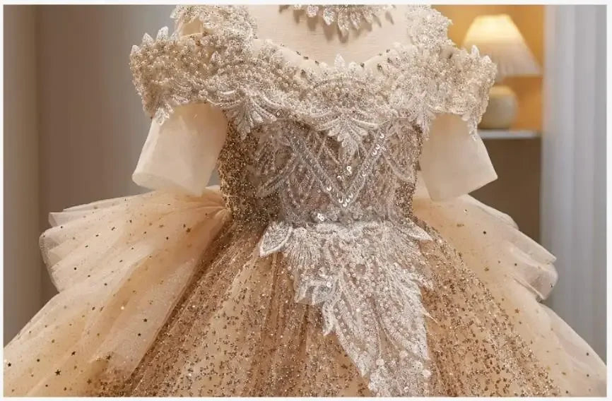 Maxy High-End Children's Pearls Sequin Evening Gown Wedding Birthday Catwalk Host Performance Party Girls' Trailing Dress A2894