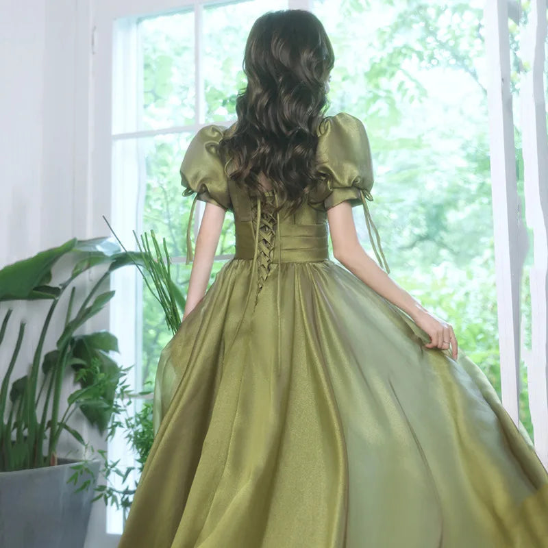 Maxy Summer Banquet Evening Dress Skirt Female Green Black Puff Sleeve Waist Elegant French Court Style Long Dress New Style
