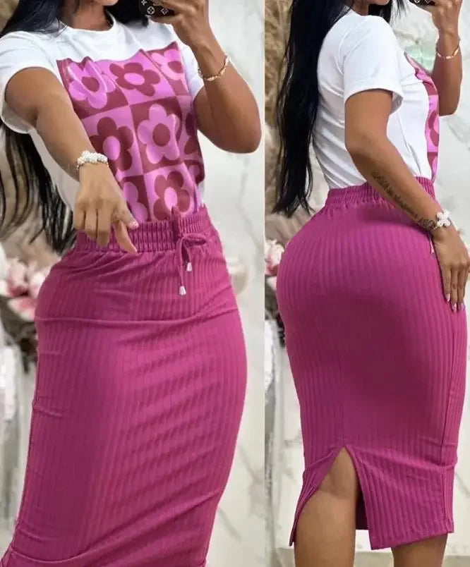 Maxy Women's Floral Graphic Print Top & Drawstring Slit Skirt Set Fashion Summer Clothing Female Casual Outfits Two Piece Suit