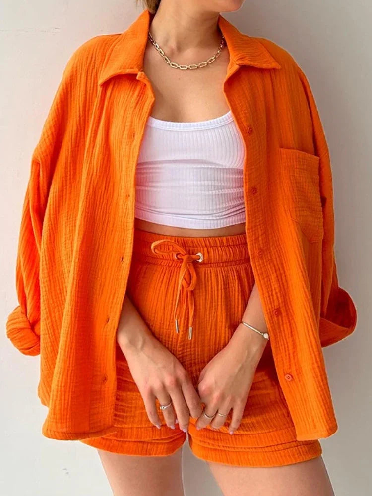 Maxy Summer Women's Suit Short Sets Outfits Muslin Suit For Women Two Piece Female Clothing Solid Button Outfits