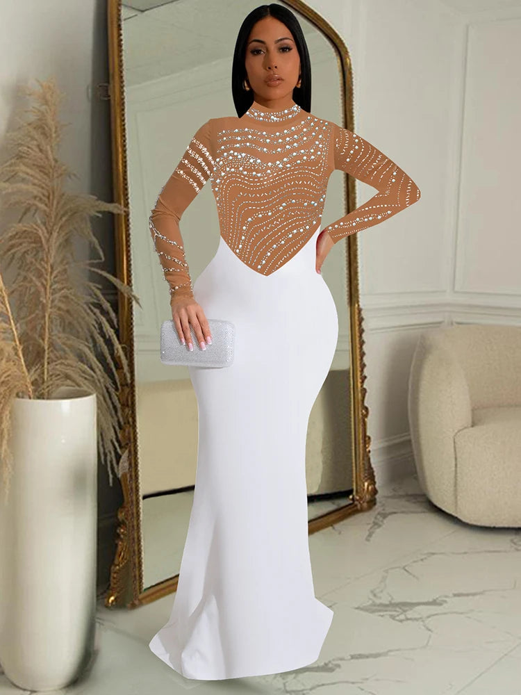 Amay Women's Crystal Embellished High Slit Long Maxy Dress Gown Glam Long Sleeve Diamonds Party Dress Celebrities Outfits