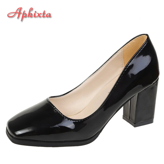 Amay Apheta 7.5cm Square Tou Patent Leather Shoes Women Pumps Thick Heels Sapato Feminino Work Party Shoes Super Big Plus Size 50