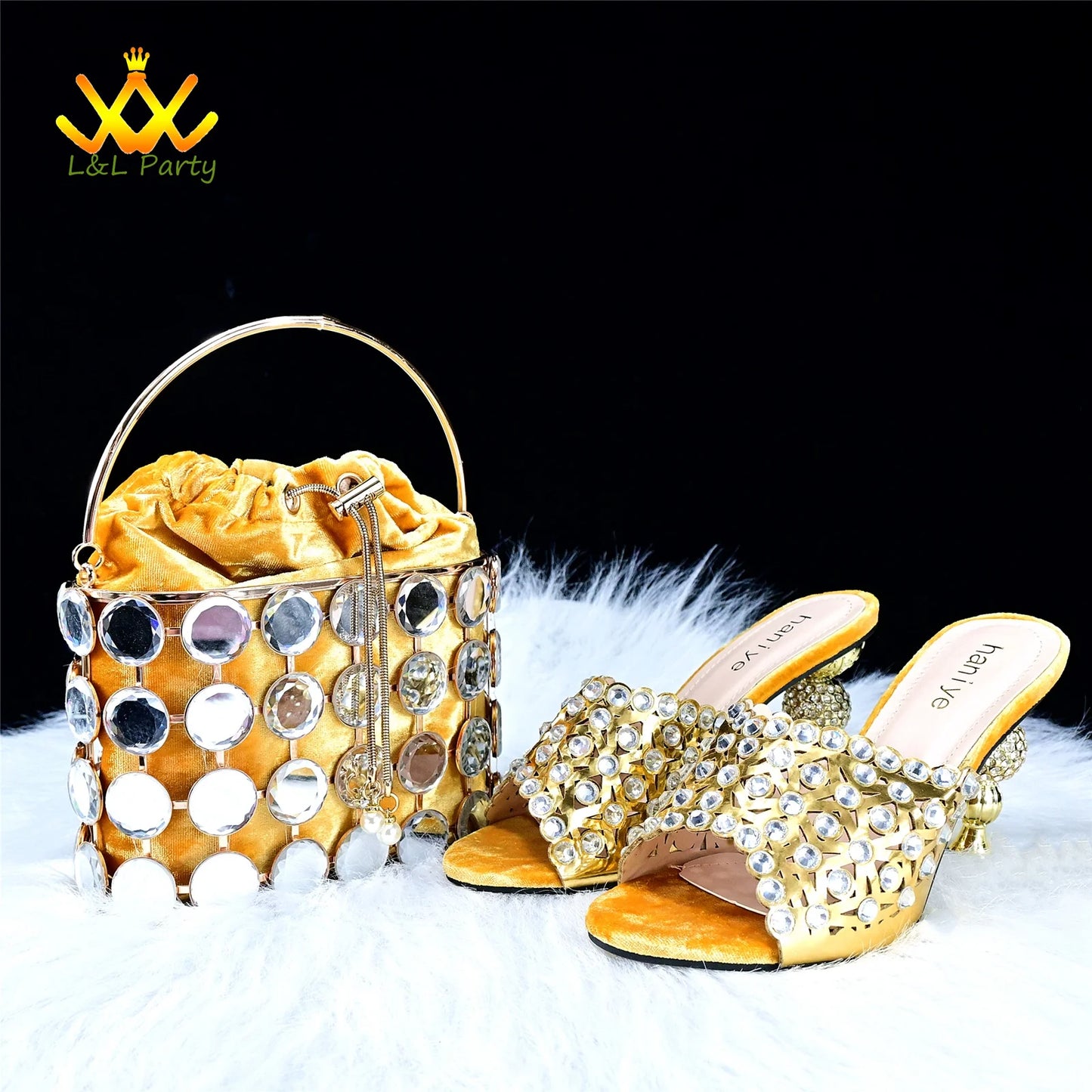 Maxy Gold Specials Heels with Crystal High Quality New Arrivals Spring Women Shoes and Bag Set for Wedding