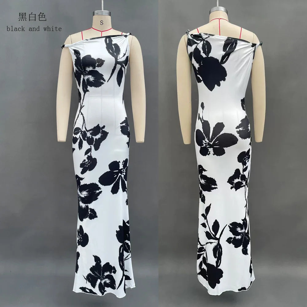 Dress Women Leopard Print Twist Knot Straps Dresses Spring Summer Off Shoulder Slim Fit Bodycon Evening Party Maxi Gown