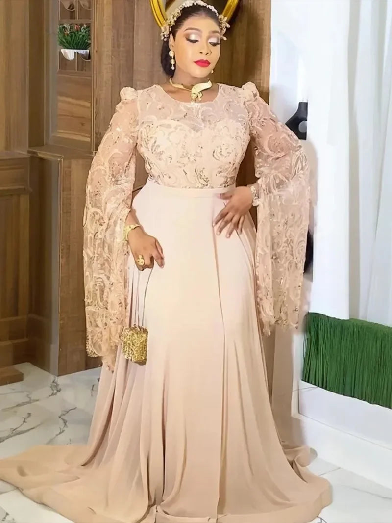 Maxy Fashion Wedding Party Dresses for Women Dashiki Sequin Long Sleeve Evening Gown Elegant Muslim Maxy Dress