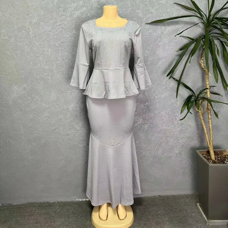 2023 Fashion Wedding Party 2 Pieces Dress Sets Skirt And Tops Suits For Women Elegant Ankara Turkey Africa Dashiki Diamonds Gown