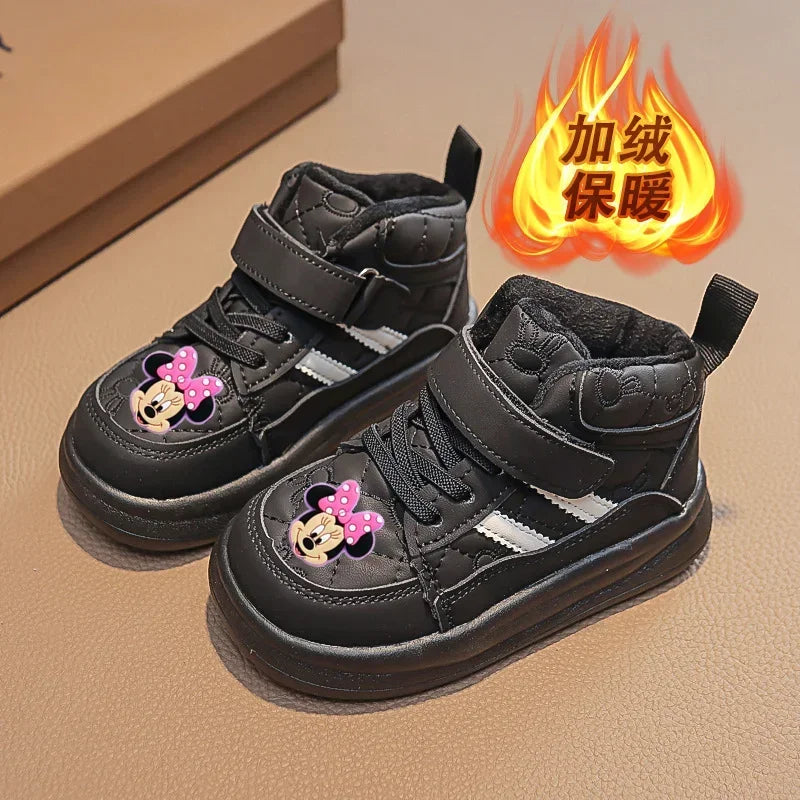 Maxy Disney Mickey Mouse Autumn and Winter Children's Casual Shoes Plus Velvet Warm Fashion High Top Board Shoes Boys Girls Sneakers