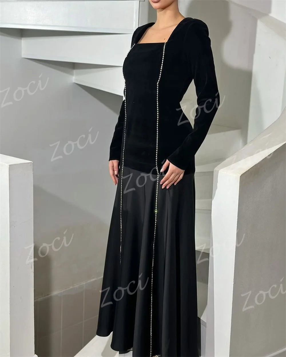 Maxy Square Neck Black Prom Dresses A Line Satin Beading Long Sleeve Evening Gown Saudi Customized Formal Party Occasion Dress
