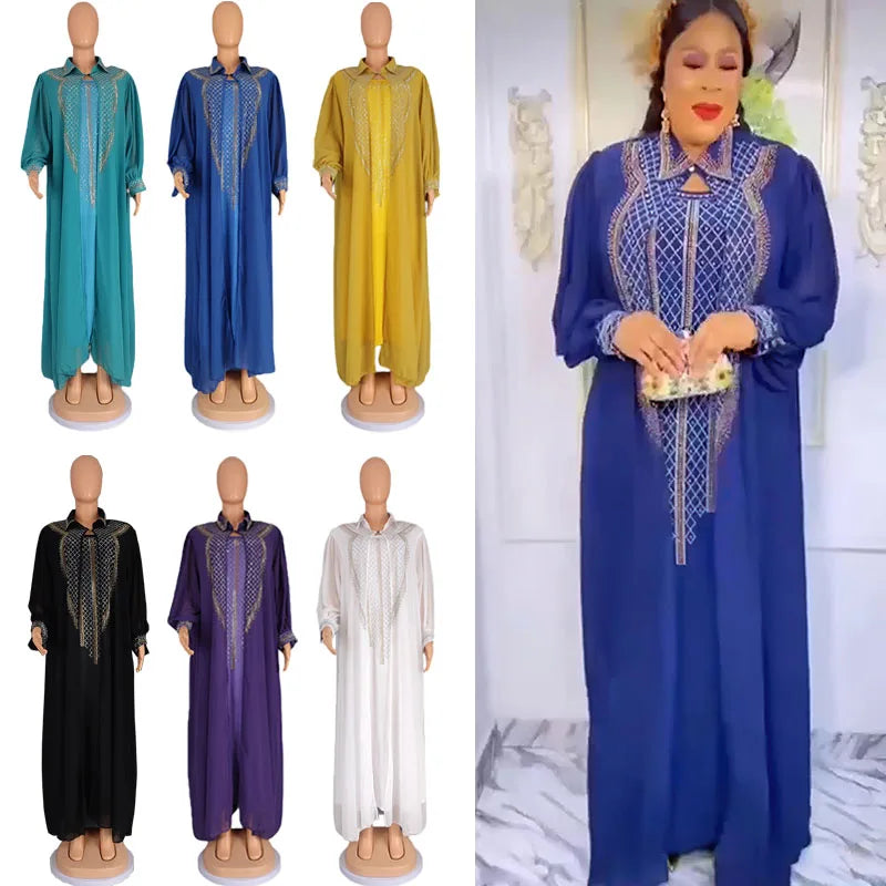 Maxy 2 Piece Set African Dresses for Women Evening Dress Diamonds Party Gown Dubai Abaya Kaftan Chiffon Wedding Outfit