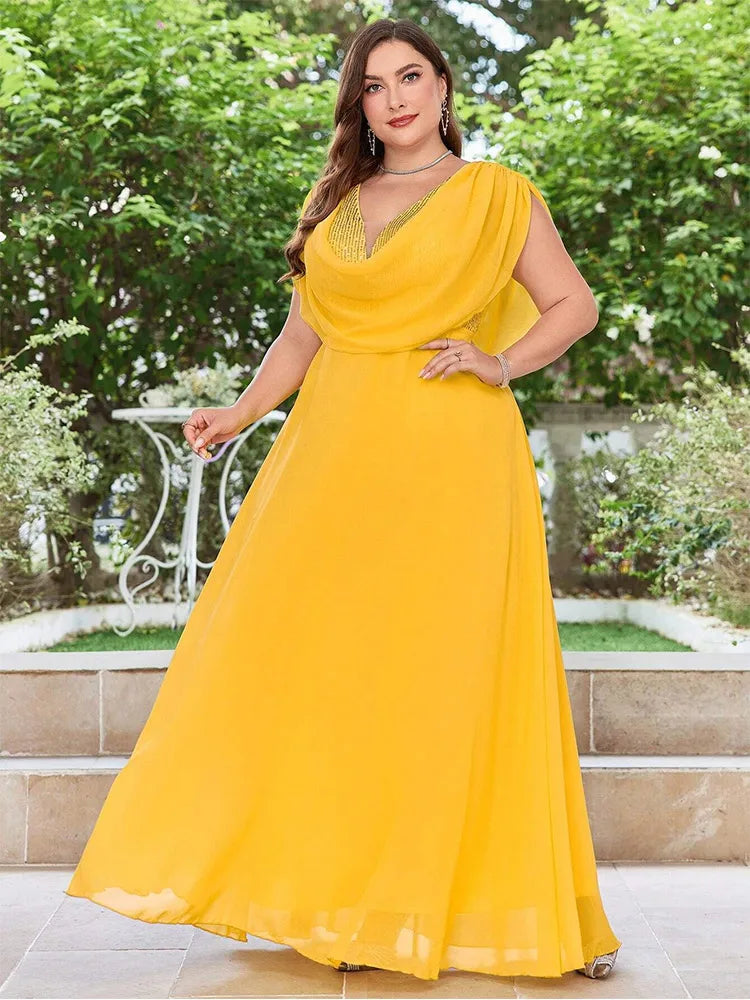 Maxy Plus Size V Neck Chiffon Yellow Floor Floor Bridesmaid Luxury Dress 4XL 5XL Big Size Shiny Chiffon Banquet Evening Dress Women