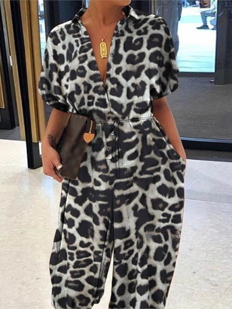 Amay Summer Fashion V-Neck Button Lace-Up Jumpsuit Short Sleeve Loose Playsuit Overalls Women Elegant Leopard Print Pocket Rompers