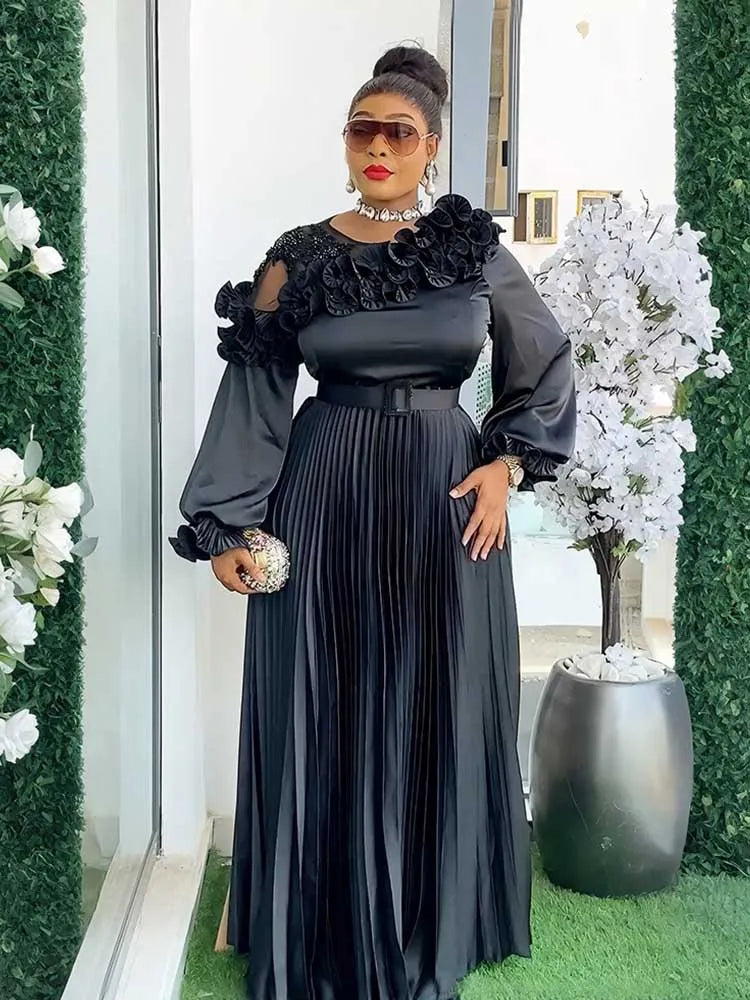 Maxy Woman Autumn Clothes Maxy Long Sleeve Dress with Belt Evening Birthday Elegant and Chic Pleated Dress Plus Size Party Dress