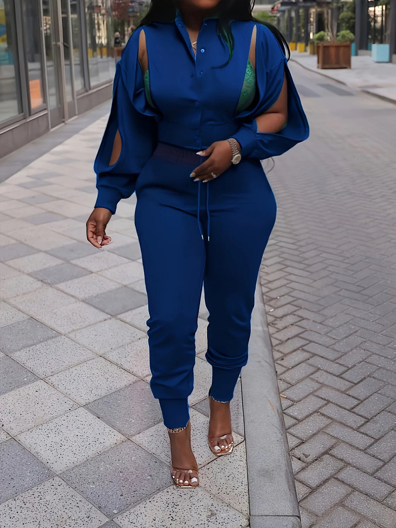 Amay Women Two Piece Set Spring Slim Fit Pants Hollow Out Button Shirt Y2k Tops Suits Vintage Patchwork Streetwear Outfit Sets.